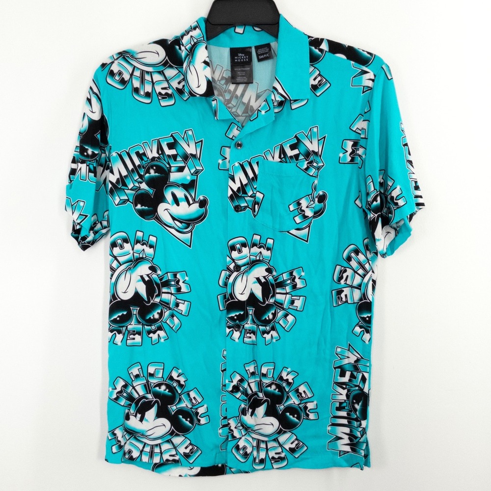 Disney Mickey Mouse Men's Small Rayon Camp Shirt Button Up All Over Print Teal
